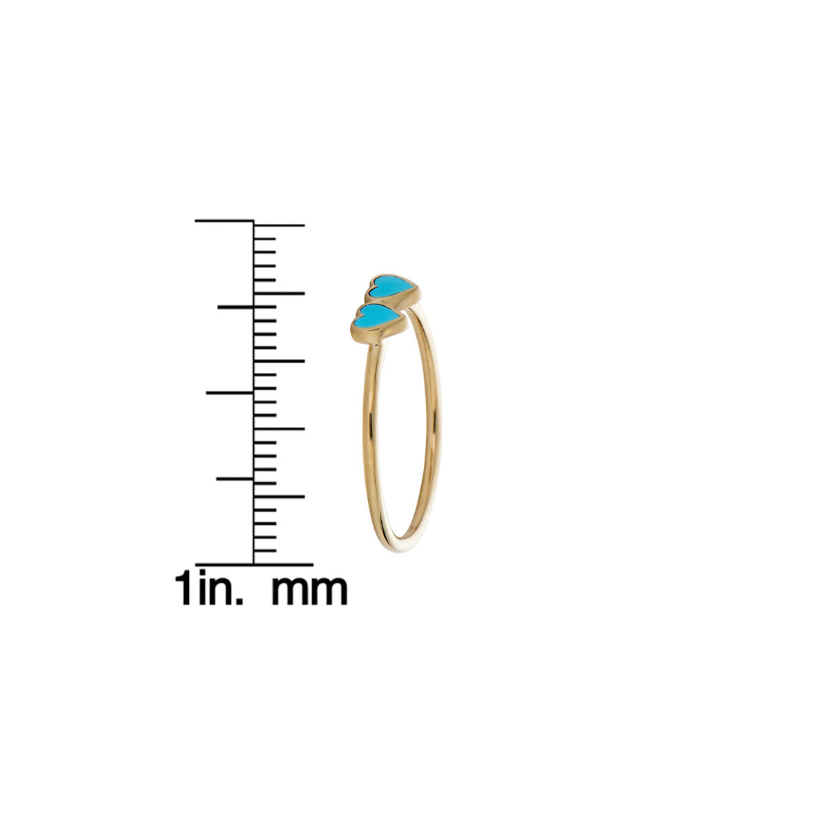 Turquoise double heart gold ring, side view with measurement guide for size reference