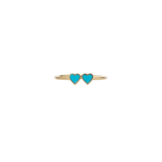 Turquoise double heart ring in solid 14K gold, gleaming stackable band for a bright pop of color.