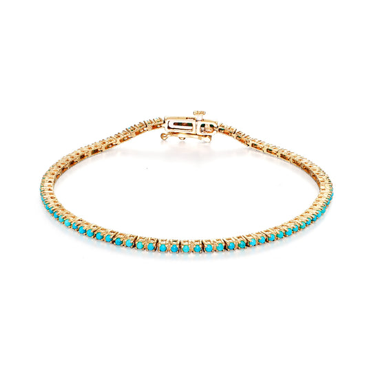Double row turquoise gold tennis bracelet in yellow, rose, or white gold with prong-set stones and flat clasp, 6.75 in.
