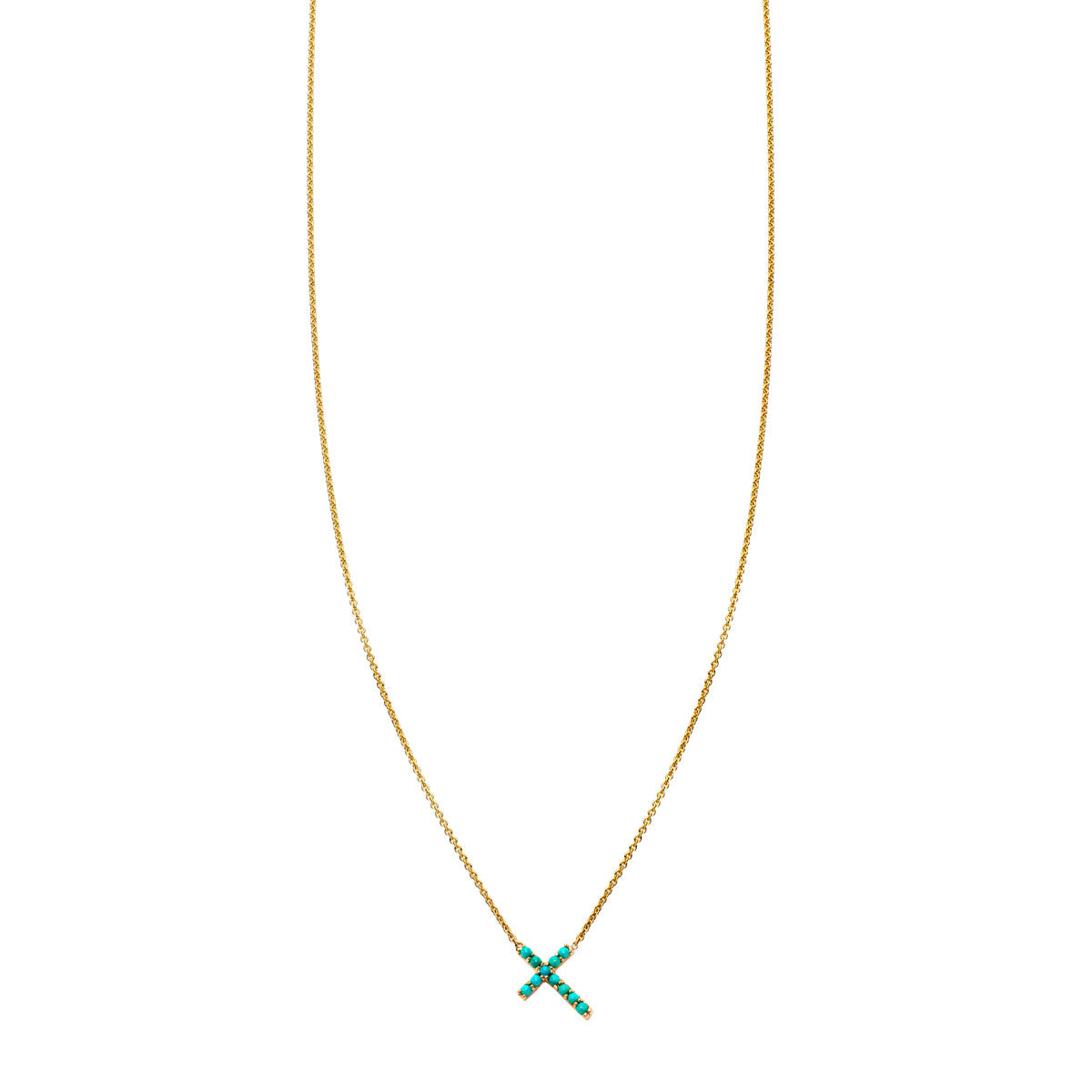 Phoenix Roze 14k gold tilted cross necklace with prong-set turquoise, in yellow, white or rose; handcrafted in NYC