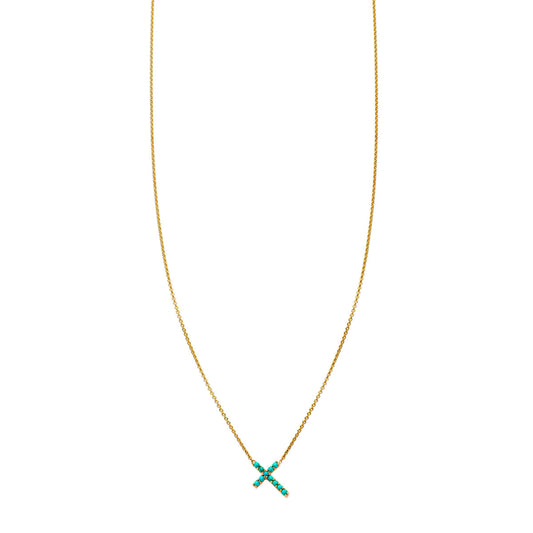 Phoenix Roze 14k gold tilted cross necklace with prong-set turquoise, in yellow, white or rose; handcrafted in NYC