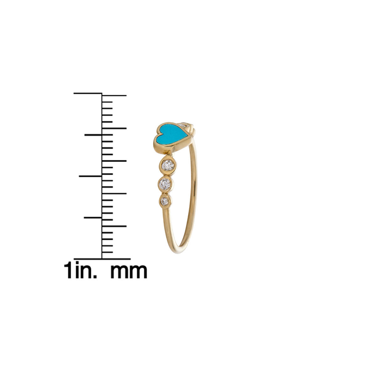 Turquoise heart diamond gold ring by Phoenix Roze with measurement scale for sizing