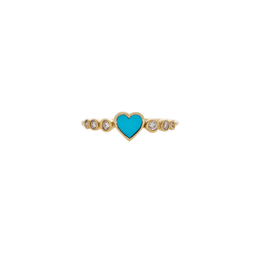 Solid 14K gold turquoise heart ring with round diamond accents, romantic sparkle for day dates or girls' night.