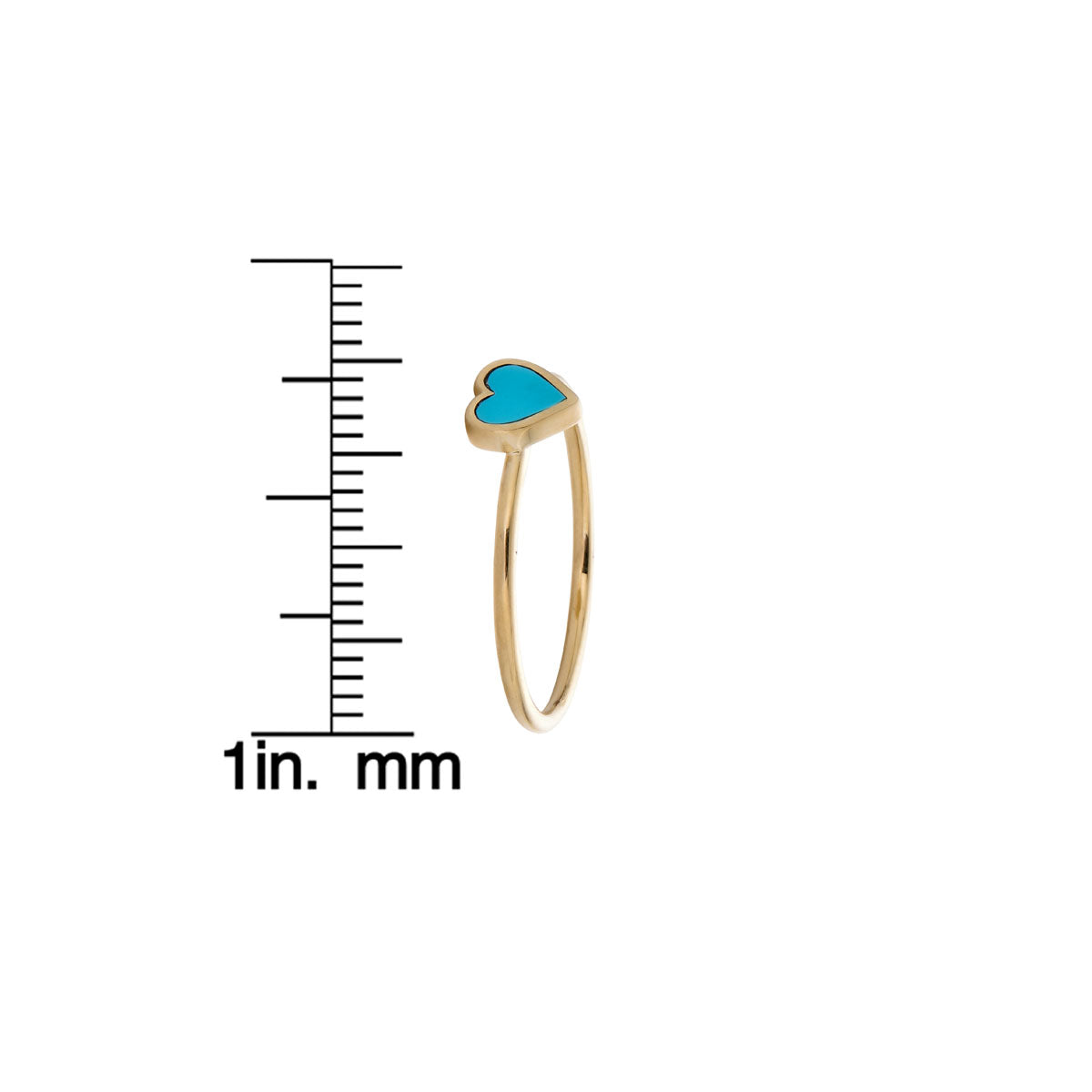 Turquoise heart gold ring side view with measurement ruler for sizing