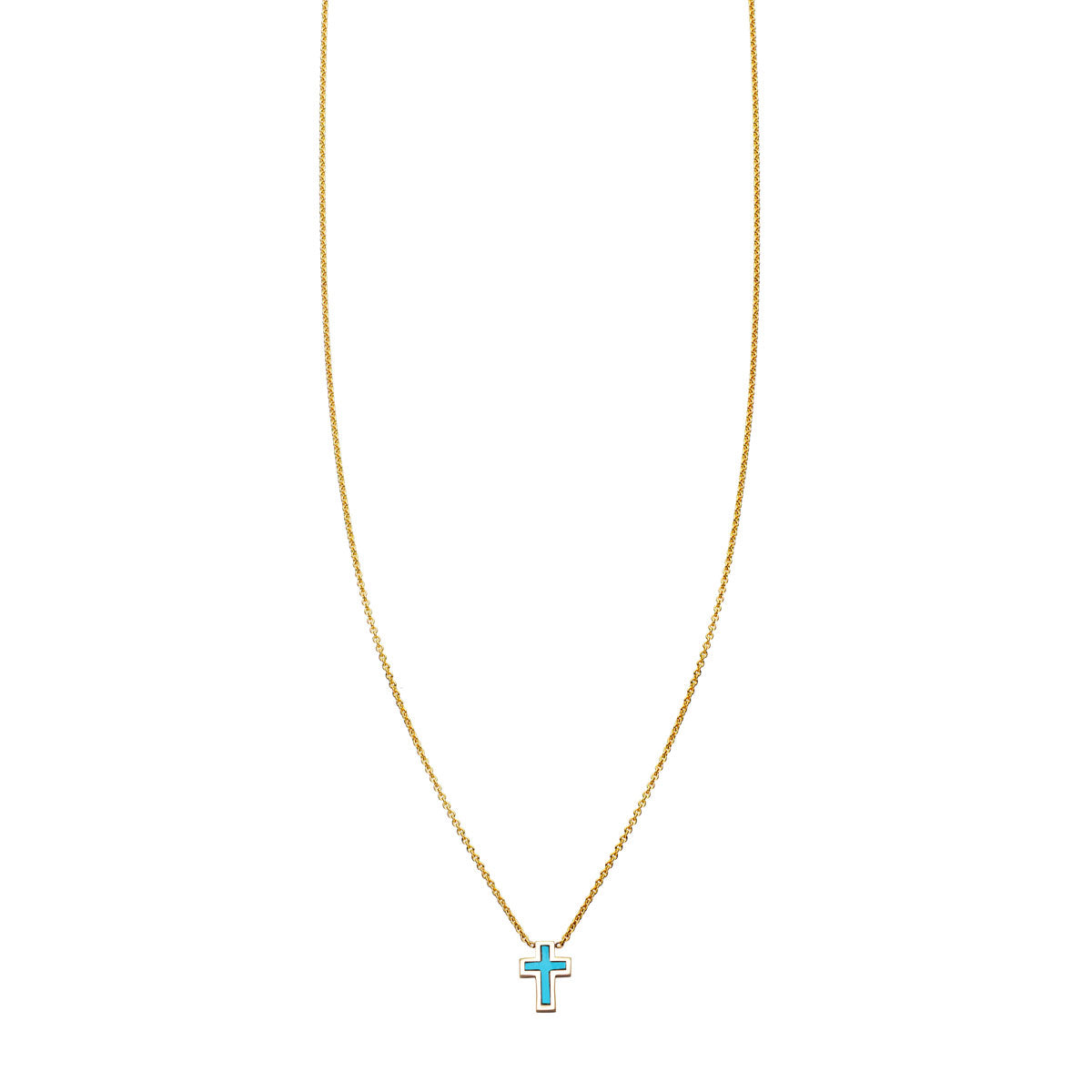 Solid 14k gold turquoise inlaid cross necklace, 9mm 3D pendant, handcrafted in New York City.