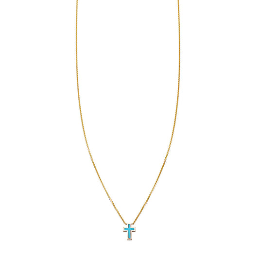 Solid 14k gold turquoise inlaid cross necklace, 9mm 3D pendant, handcrafted in New York City.
