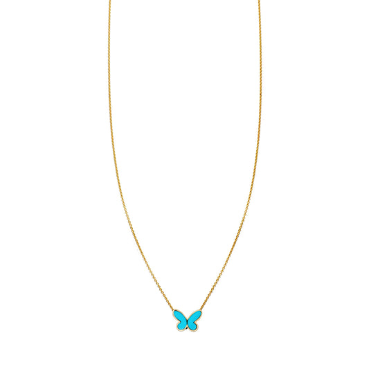 14k gold folded butterfly necklace with blue turquoise inlay, 1-inch pendant, chain 14–24in, yellow/white/pink gold