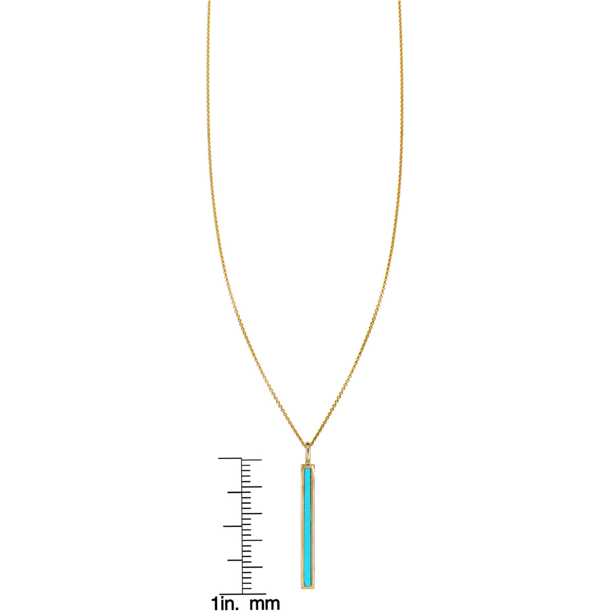 Turquoise inlaid long bar necklace in gold by Phoenix Roze, sleek minimalist pendant on delicate chain.