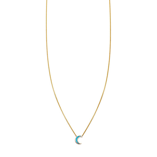 Solid 14k gold moon necklace with turquoise inlay, 8mm pendant, handcrafted in NYC, rose/yellow/white gold