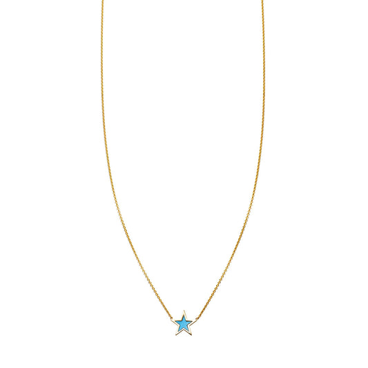 14k gold star necklace with turquoise inlay, 9mm pendant, available in yellow, white or rose gold, handcrafted in NYC