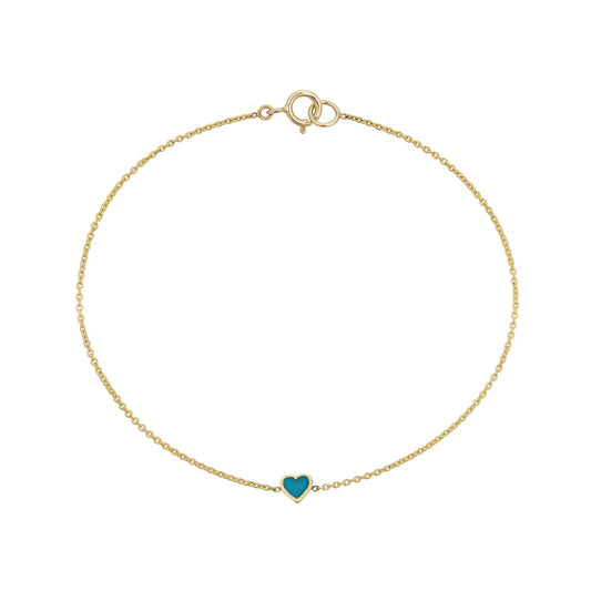 Solid 14k gold tiny heart bracelet with turquoise inlay, handcrafted in NYC; choose rose, yellow, or white gold.
