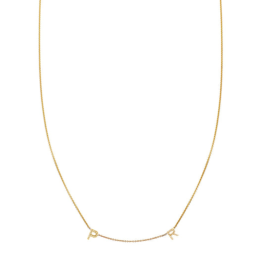 Two-letter diamond initial necklace in solid 14k gold, pavé letters, customizable, handcrafted in NYC