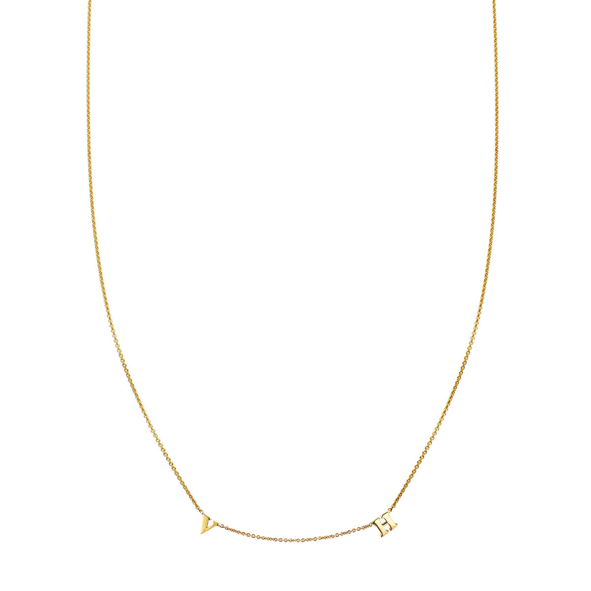 Two-letter 14k gold initial necklace on delicate chain, personalized initials, handcrafted in NYC by Phoenix Roze