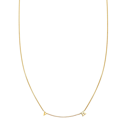 Two-letter 14k gold initial necklace on delicate chain, personalized initials, handcrafted in NYC by Phoenix Roze