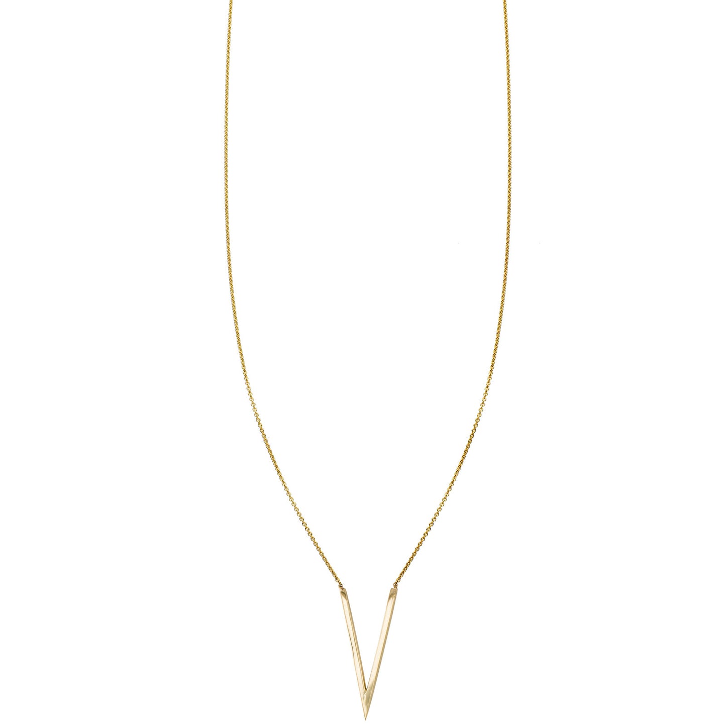 Outlined V charm necklace in hand-polished 14k yellow gold, minimalist design, handcrafted in New York City