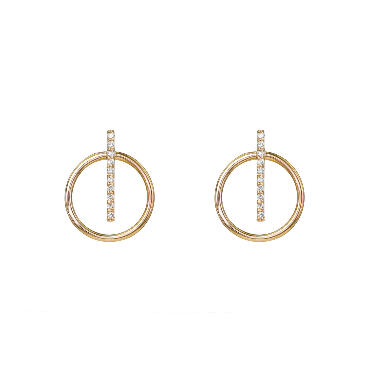 Phoenix Roze Vertical Diamond Pave Bar Hoops in 14k gold with .20ct pave diamonds; 16mm bar lays flat on earlobe