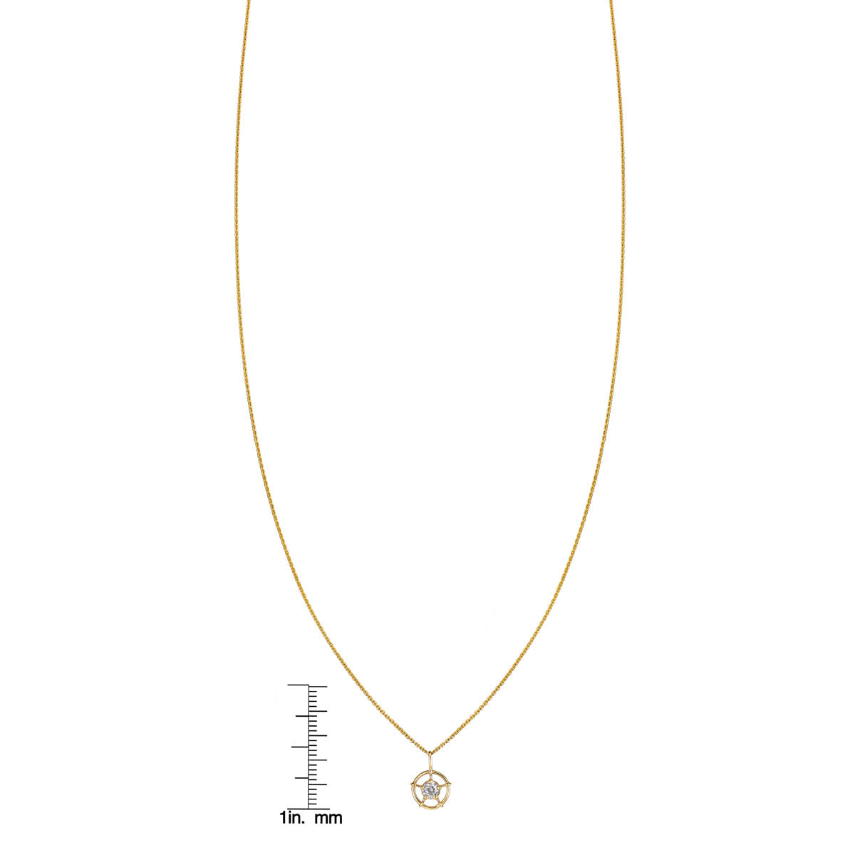 Wheel of Life gold necklace with pendant size measurements on ruler for scale
