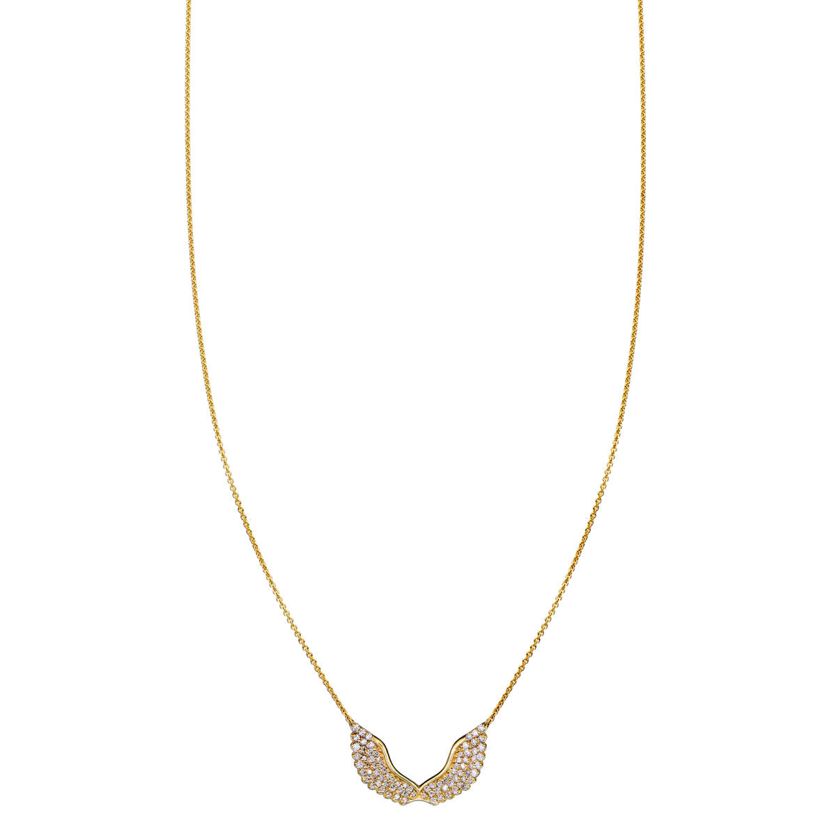 White diamond angel wing pendant necklace, 19mm, two rows of pavé-set diamonds in 14k yellow, white or rose gold