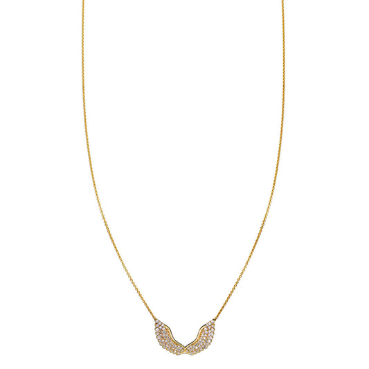White diamond angel wing pendant necklace, 19mm, two rows of pavé-set diamonds in 14k yellow, white or rose gold