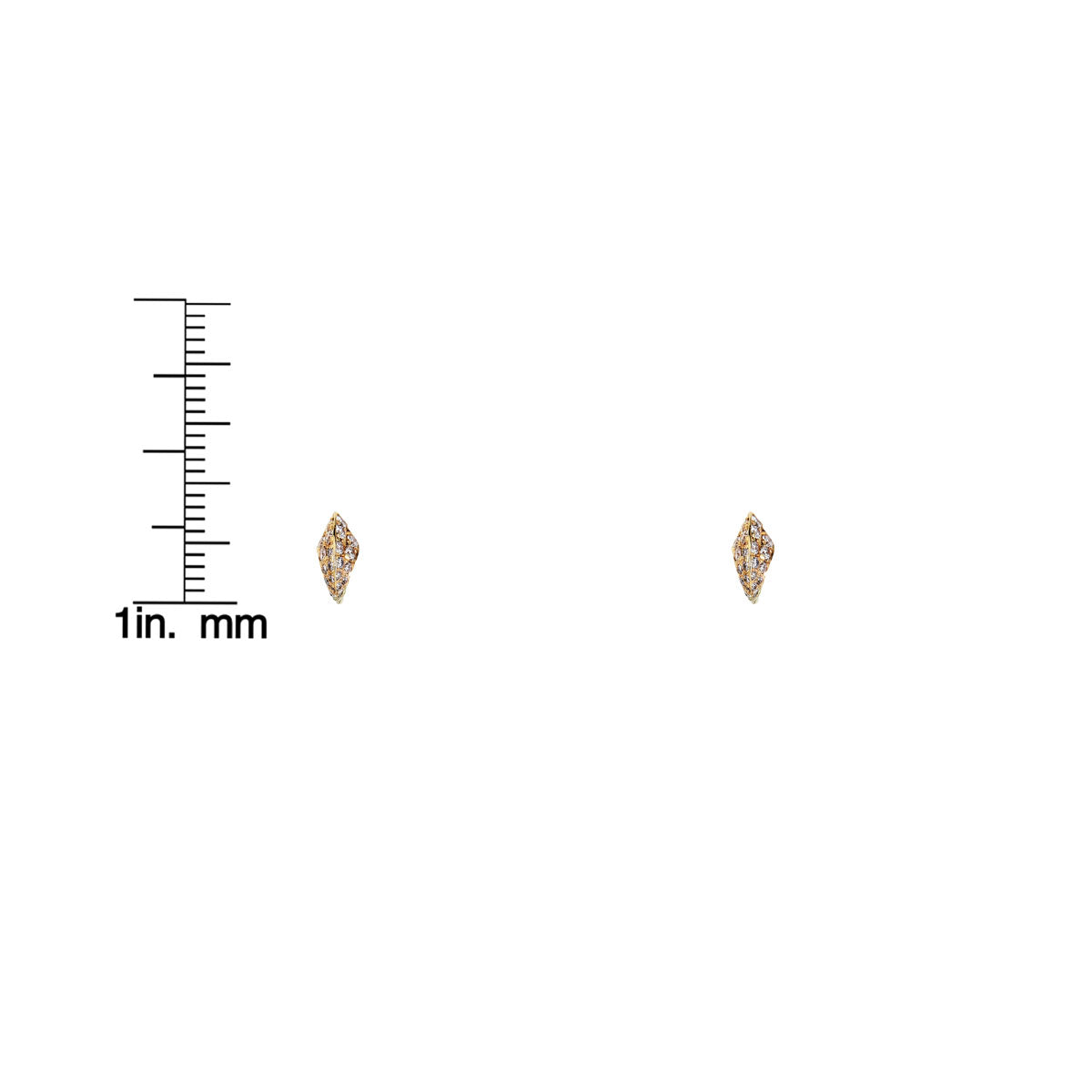 White diamond cat's claw stud earrings by Phoenix Roze shown with scale measurement for size reference