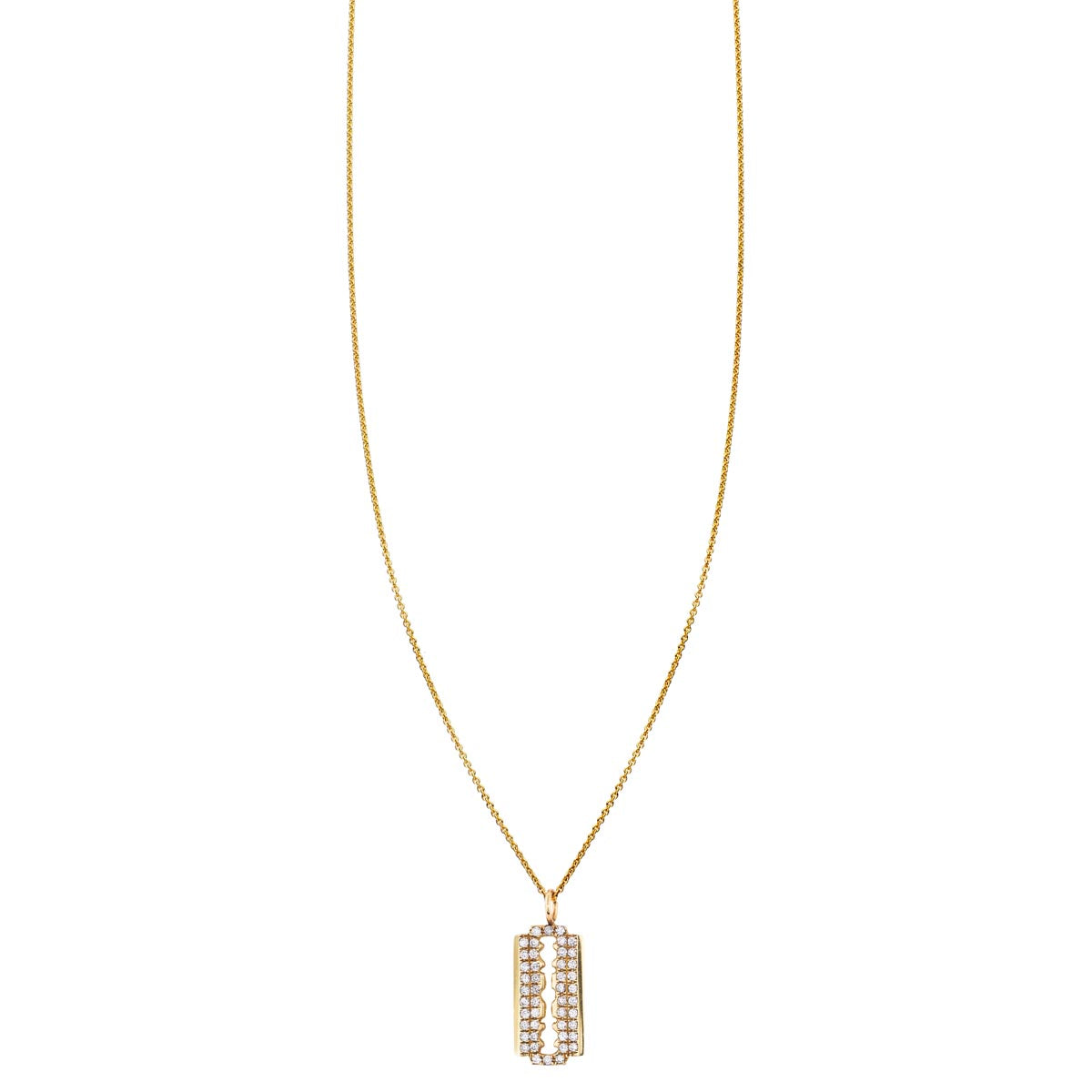 Edgy white diamond double-edge razor blade pendant necklace, 15mm, solid 14k gold chain, Phoenix Roze