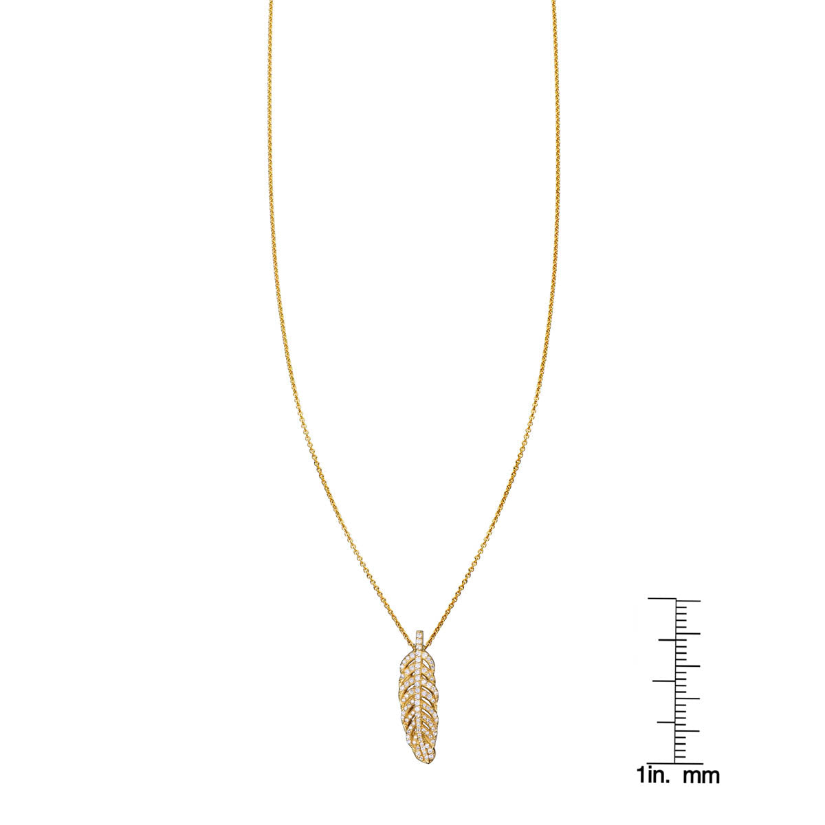 White diamond feather necklace shown with ruler for scale – elegant fine jewelry pendant by Phoenix Roze
