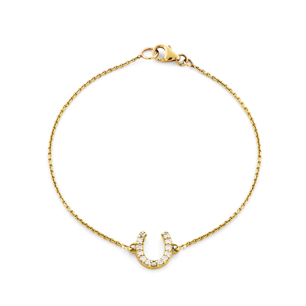 14k yellow gold horseshoe bracelet with white diamonds, a good-luck talisman handcrafted in NYC