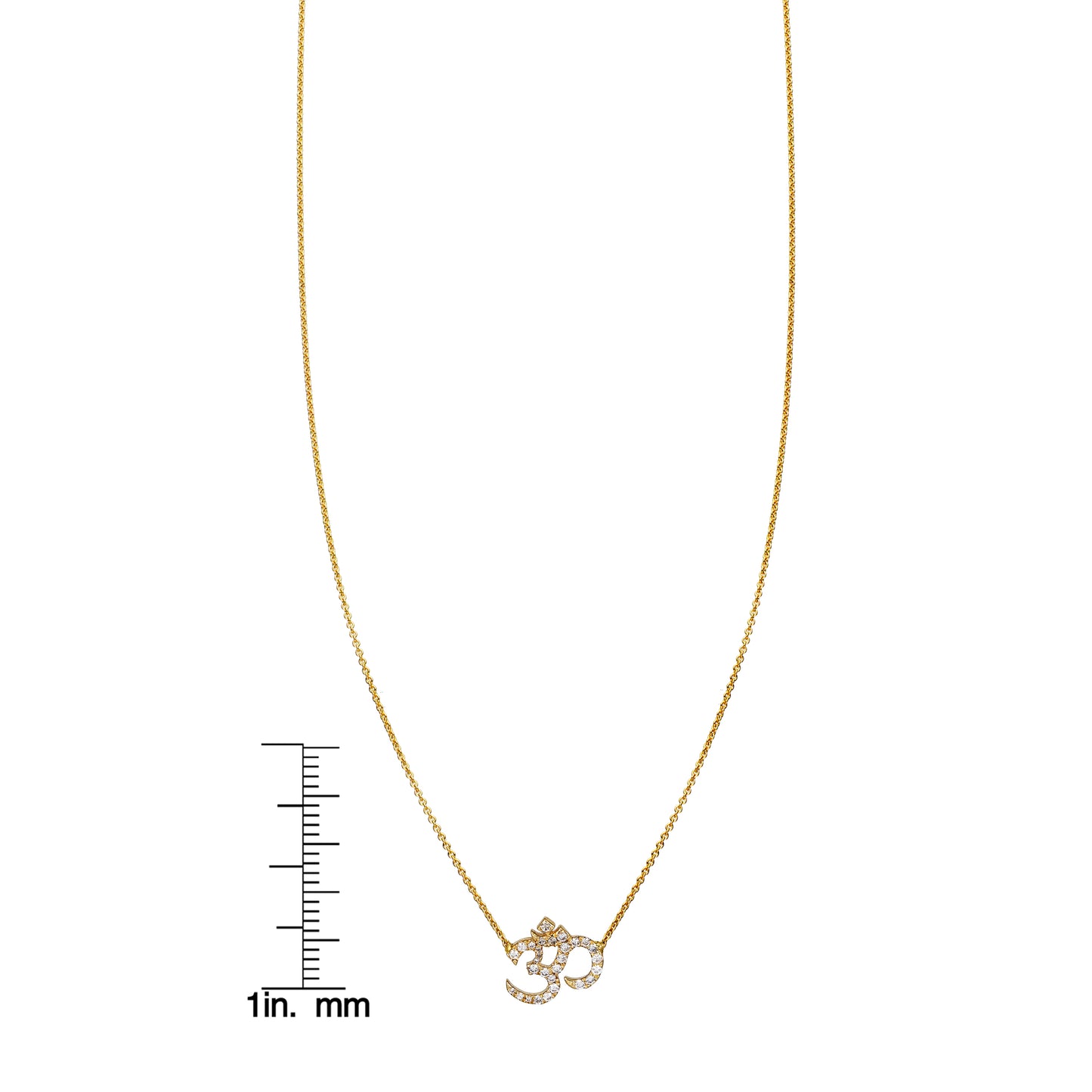 White diamond gold Ohm pendant necklace by Phoenix Roze, shown with ruler for size reference