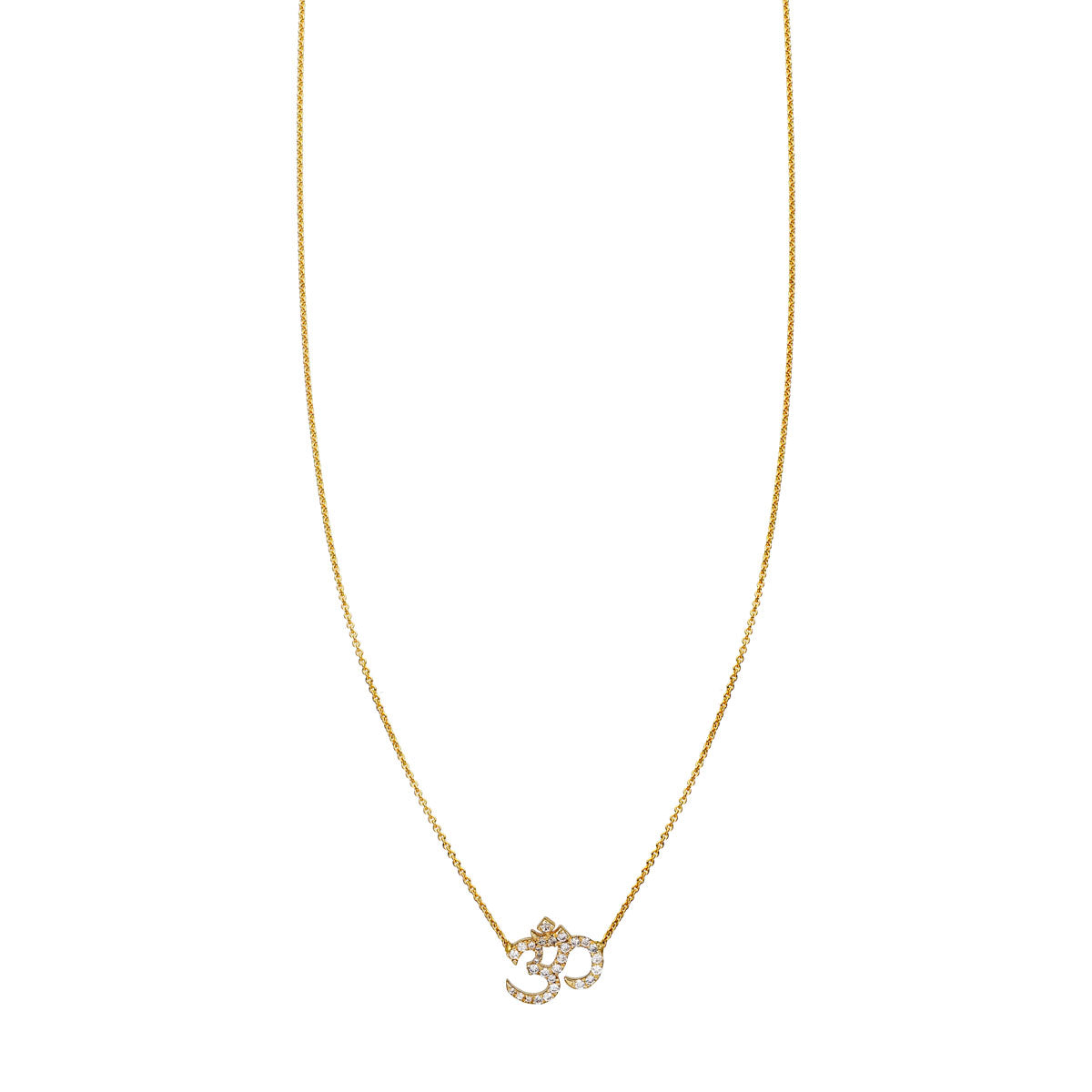 White diamond OHM pendant necklace in 14K gold—pave diamonds sparkle; mindful symbol by Phoenix Roze
