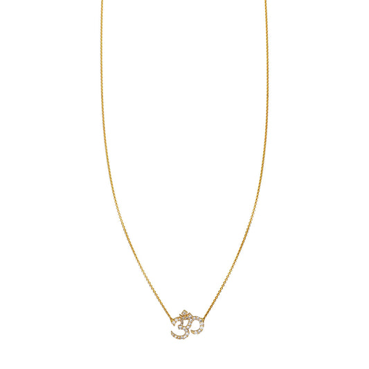 White diamond OHM pendant necklace in 14K gold—pave diamonds sparkle; mindful symbol by Phoenix Roze