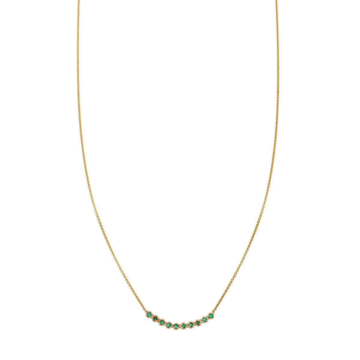 - White diamond infinity necklace in 14k gold, elegant loop pendant sparkling on delicate chain by Phoenix Roze
- Emerald arch necklace with 10 vivid green emeralds on 14k gold chain, handcrafted in NYC by Phoenix Roze