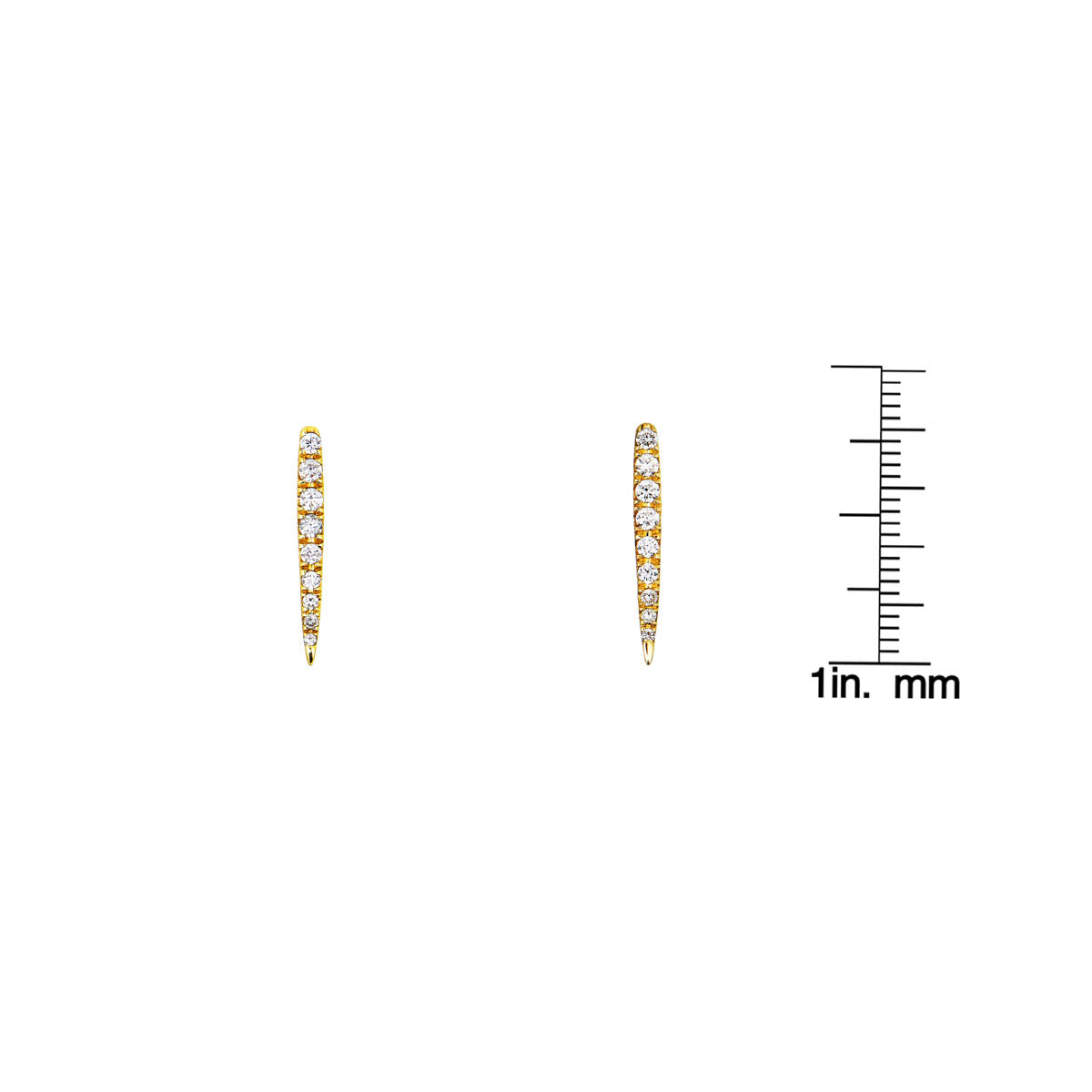 White diamond long drop stud earrings beside a ruler for size reference