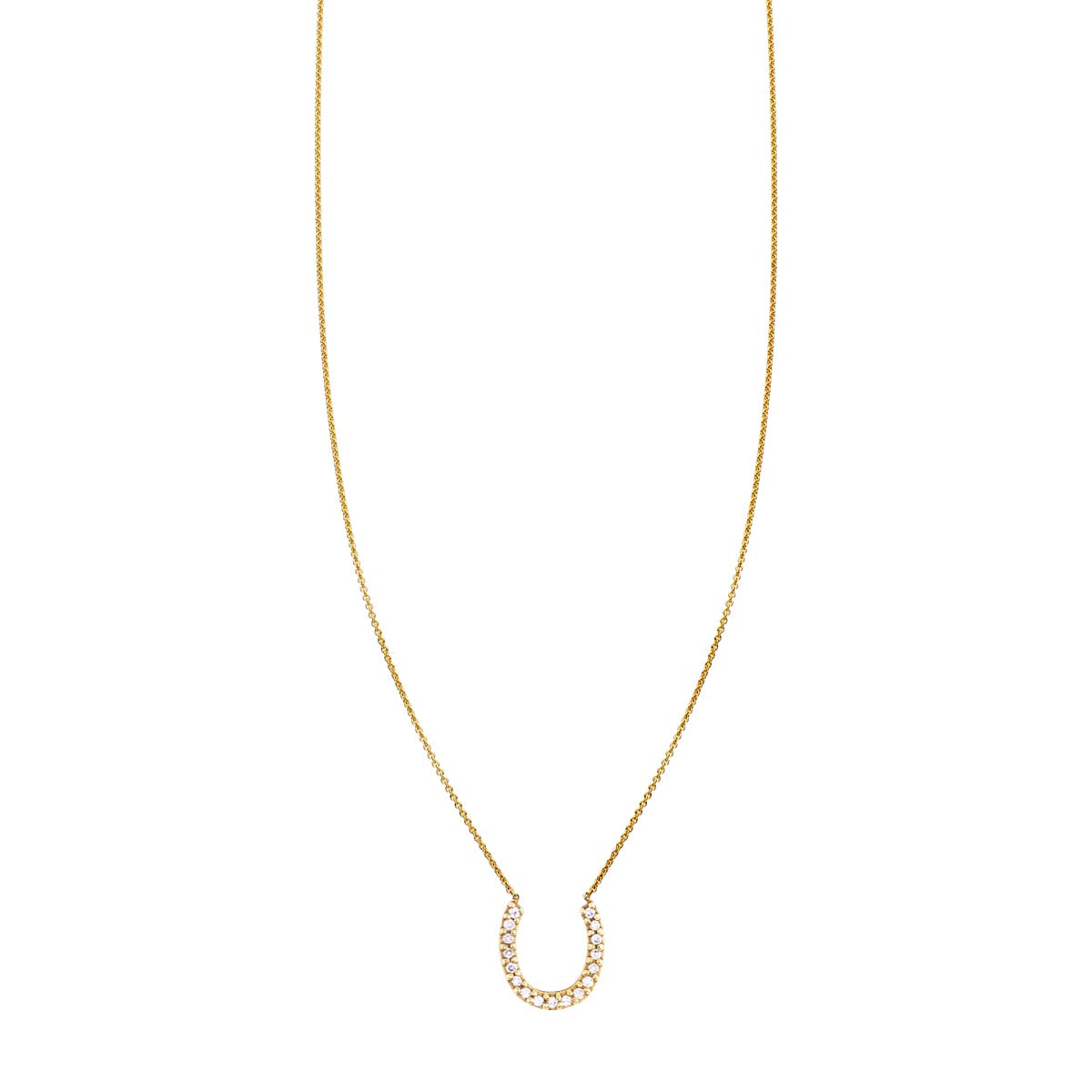 White diamond lucky horseshoe pendant necklace in solid 14k gold, 13mm talisman; black diamond version available