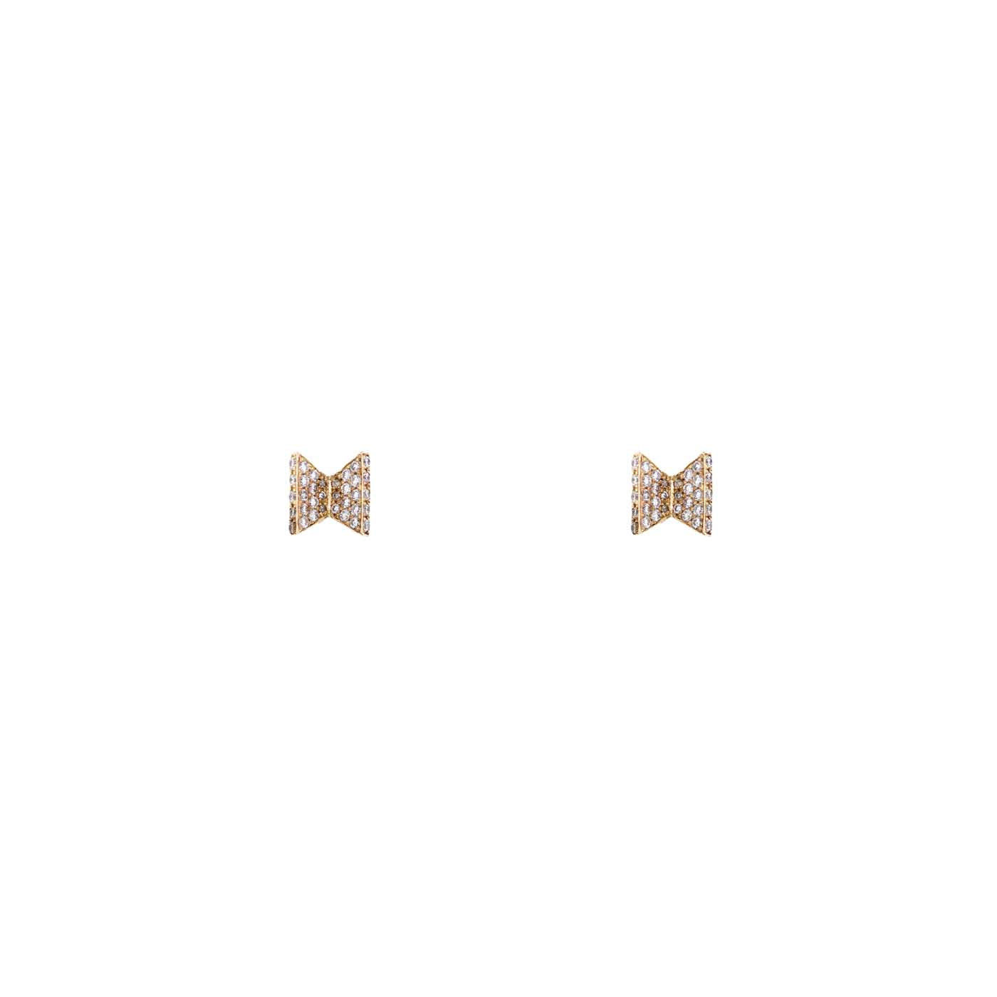 Quirky 7mm bowtie stud earrings with white pavé diamonds in yellow gold, elegant for white tie events