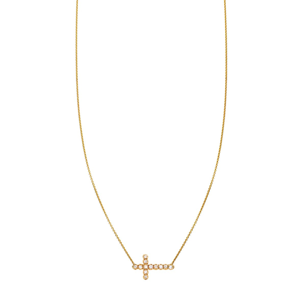 White diamond sideways cross necklace in solid 14k yellow/white/rose gold, 15x9mm pendant, celebrity favorite