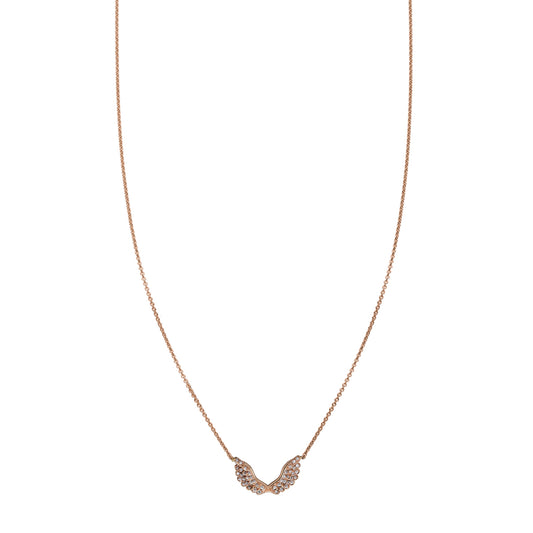 Dainty white diamond pavé angel wing pendant necklace in 14k rose or yellow gold by Phoenix Roze