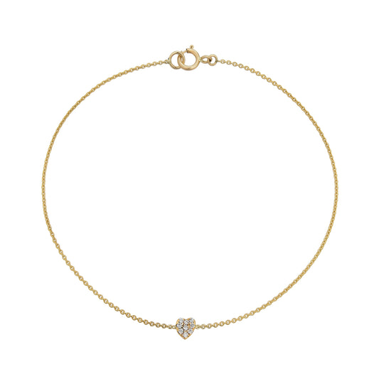 14k gold tiny heart bracelet with pavé-set white diamonds by Phoenix Roze; available in rose, yellow, or white gold.