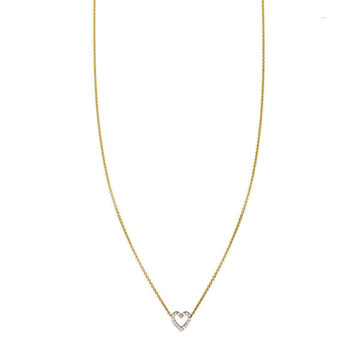 White diamond tiny heart outline necklace in 14k gold, delicate pavé outline pendant; choose rose, white, or yellow.