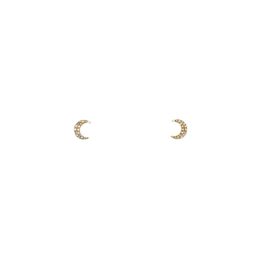 White diamond tiny moon earrings – delicate 7mm crescent pave stud earrings in 14k gold by Phoenix Roze