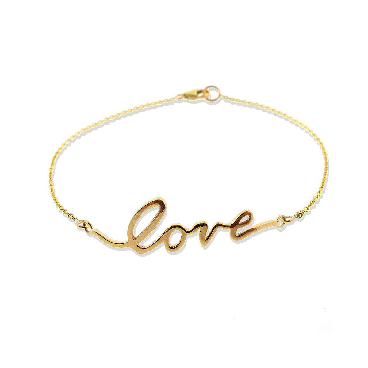 Cursive Love Bracelet in solid 14K gold with script 'love' charm on a delicate chain, handcrafted by Phoenix Roze