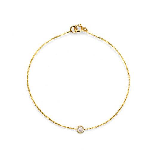 14k yellow gold solitaire diamond bracelet, bezel-set 7pt GSI white diamond on delicate chain
