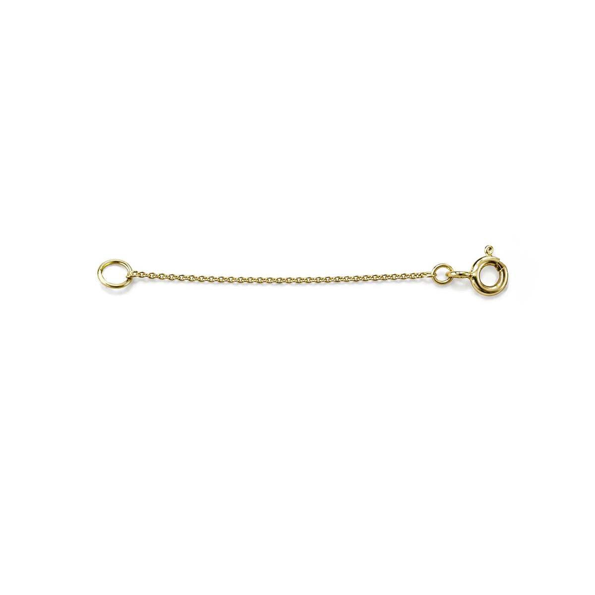 14k yellow gold 2-inch necklace extender with spring ring clasp laid flat on white background