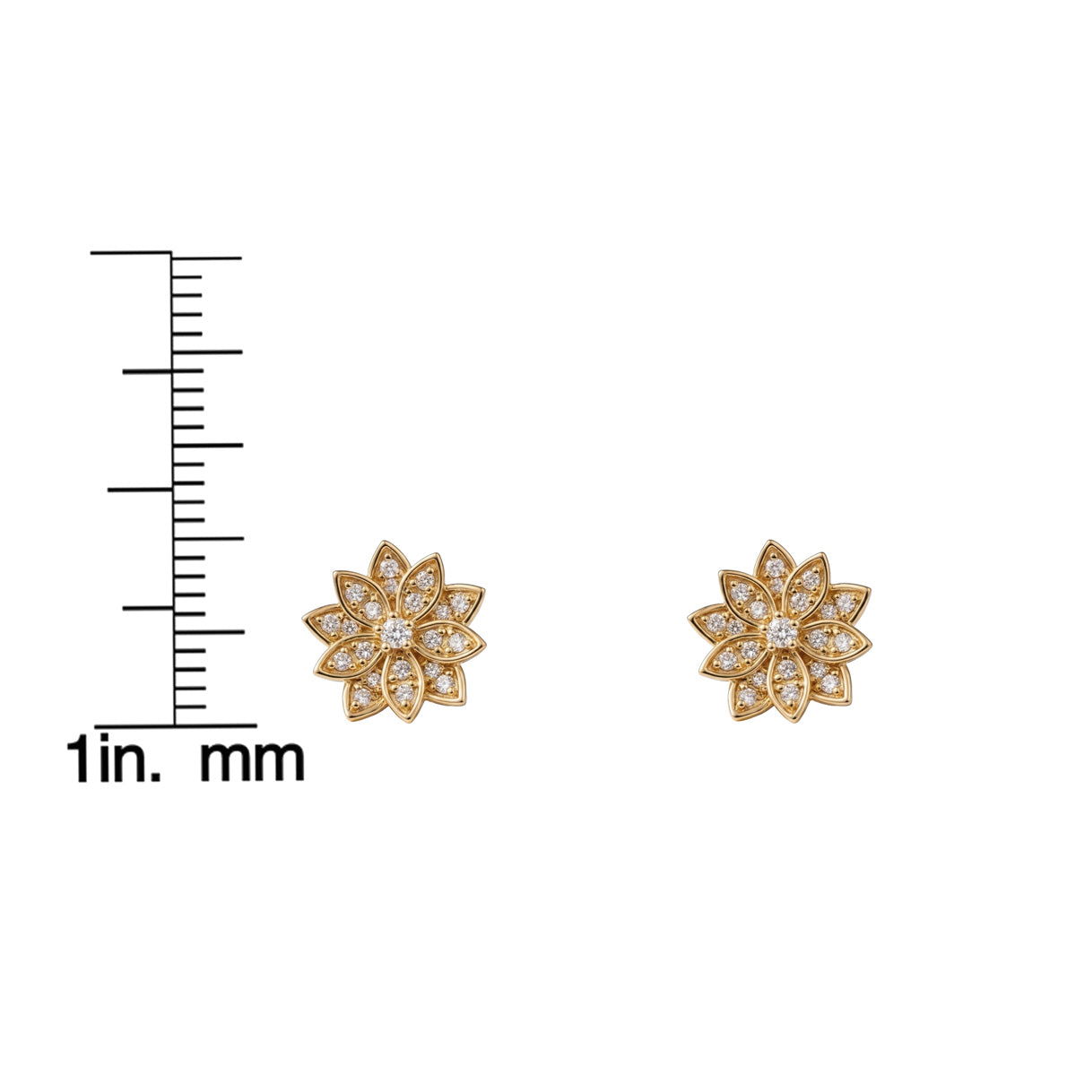 14k gold diamond lotus stud earrings shown next to inch and millimeter ruler for size reference