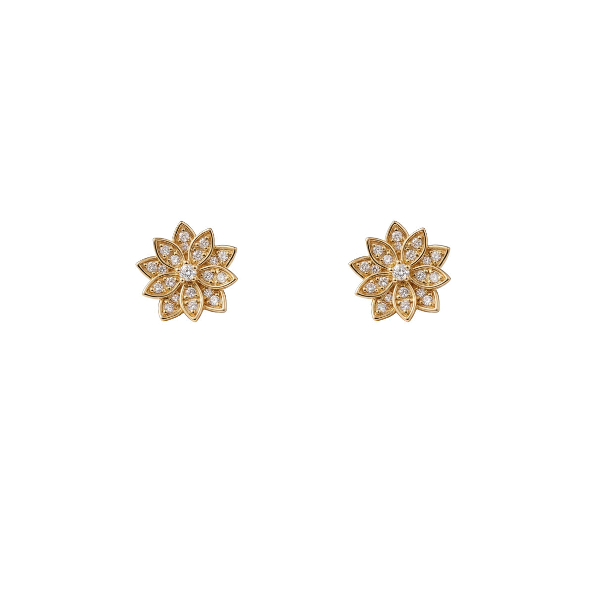Pair of 14k yellow gold diamond lotus flower stud earrings on white background