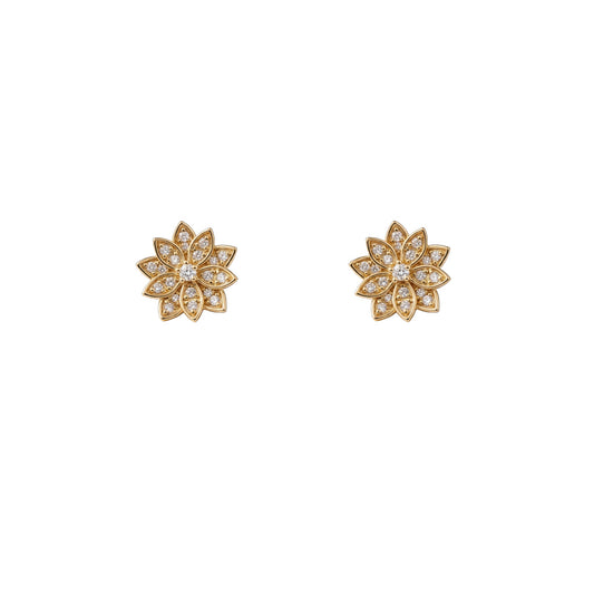 Pair of 14k yellow gold diamond lotus flower stud earrings on white background