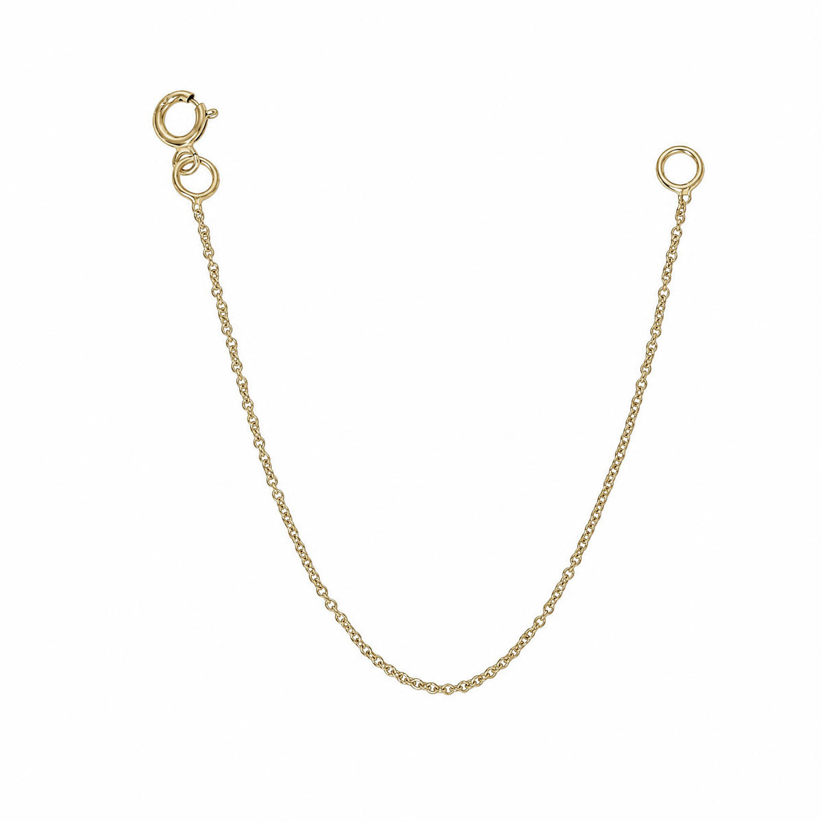 Solid 14k yellow gold cable chain necklace extender with spring ring clasps on white background