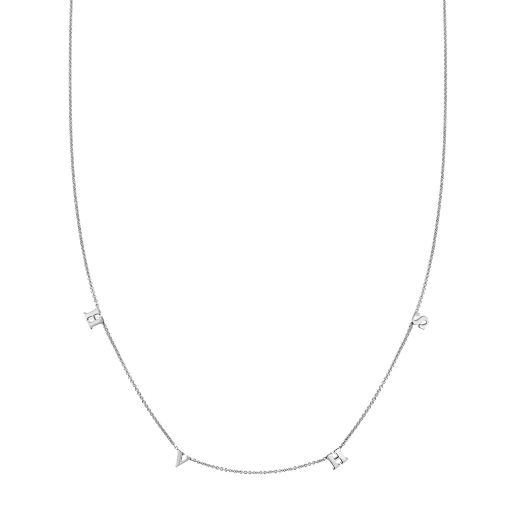 Custom four-letter sterling silver initial necklace with spaced 'H', 'V', 'H', and 'S' charms.