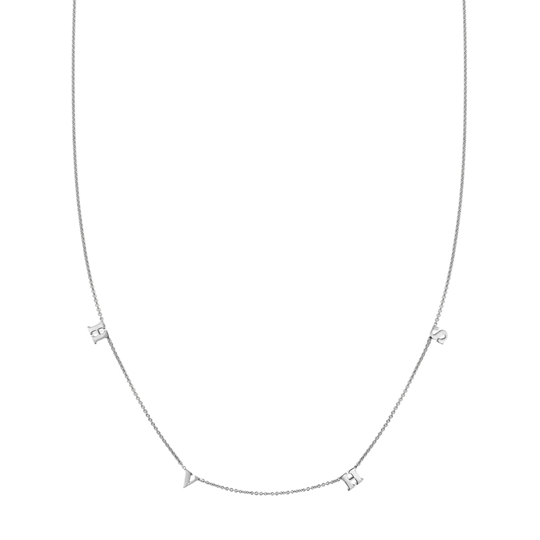 Custom four-letter sterling silver initial necklace with spaced 'H', 'V', 'H', and 'S' charms.