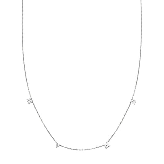 Custom four-letter sterling silver initial necklace with spaced 'H', 'V', 'H', and 'S' charms.