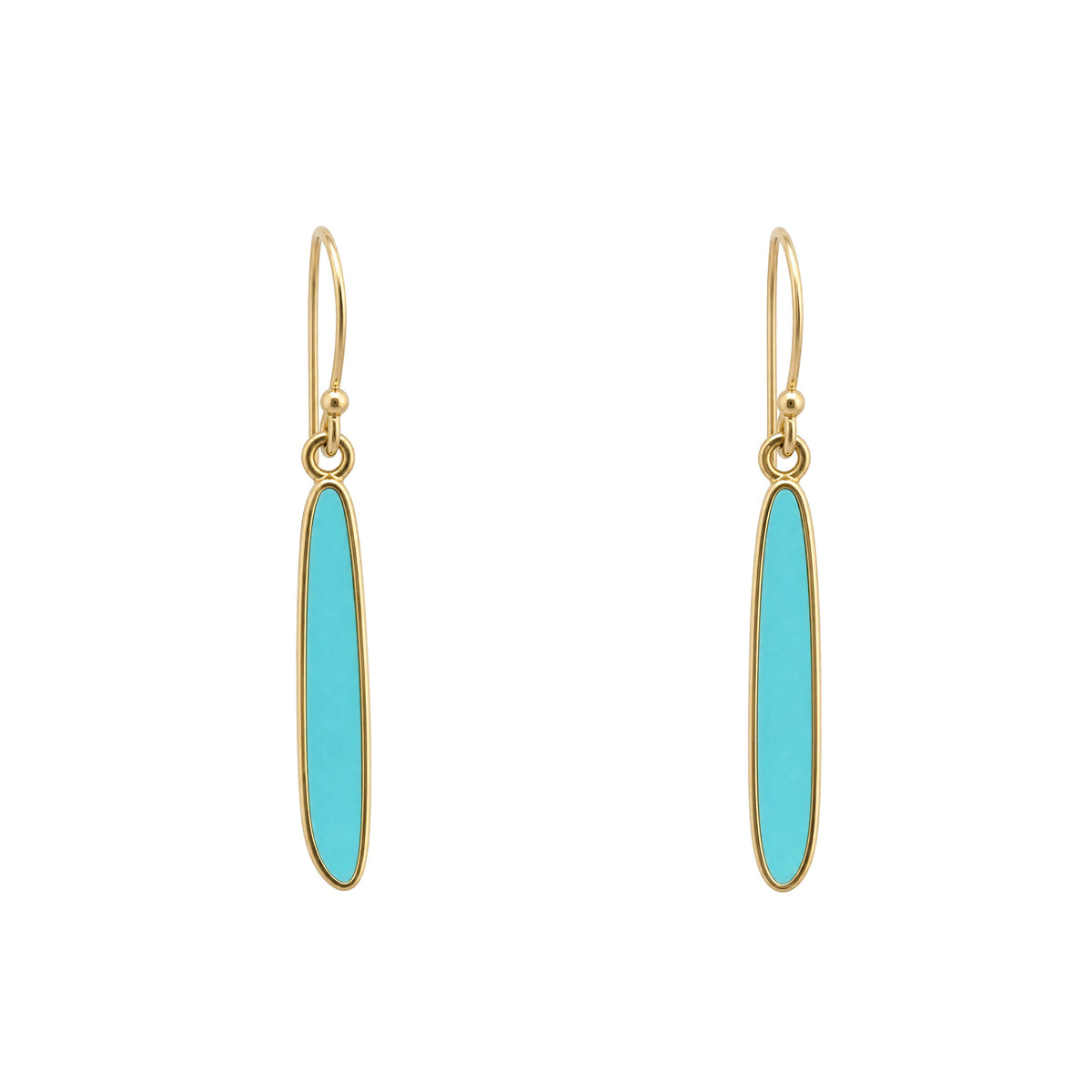 Pair of elongated turquoise drop earrings in polished 14k gold bezel settings